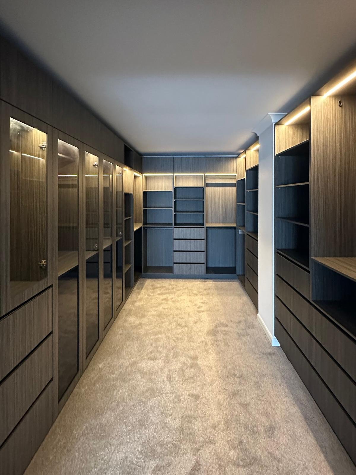 Full-length walk-in wardrobe with illuminated cabinetry and glass-front storage